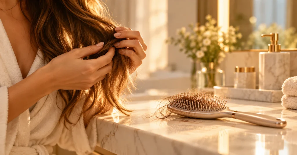 Mulher penteando o cabelo com escova mostrando fios caídos