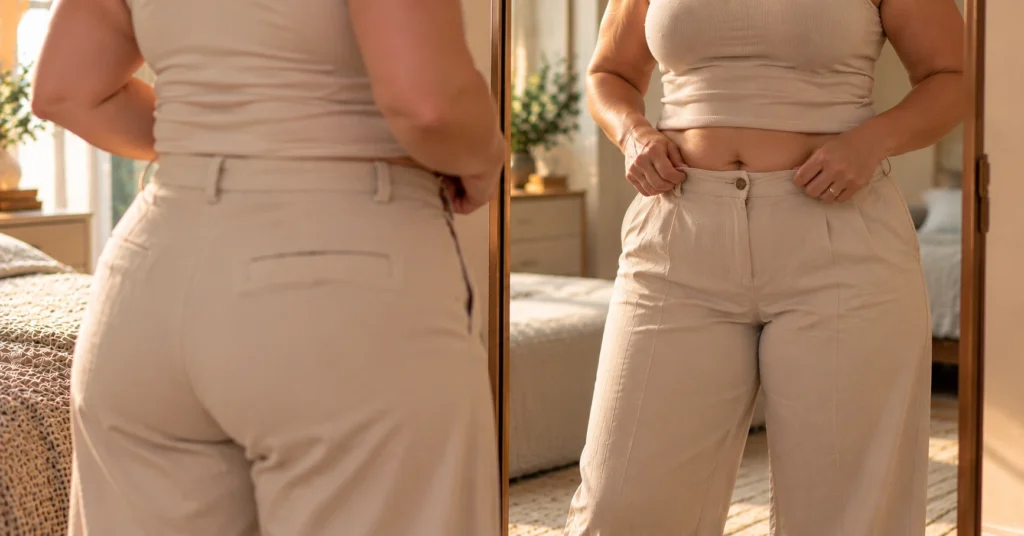 Mulher ajustando a cintura da calça em frente ao espelho
